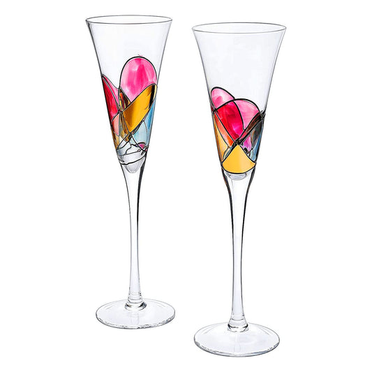Artisanal Hand Painted Champagne Flute Toasting Glasses - Renaissance Romantic Stain-glassed Windows Wine Glasses Set of 2 - Gift Idea for Her, Him, Birthday, Housewarming - Extra Large (Flute)