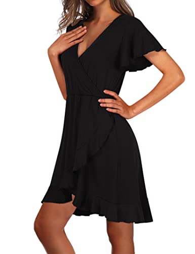 Black Dresses for Women Ruffle Wrap Deep V Neck Pleated Cocktail Mini LBD Little Black Dress